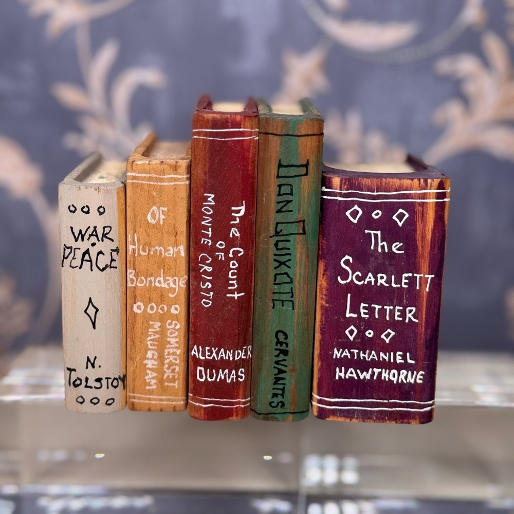 Vintage Estate Hand Painted Wooden Miniature Classic Book Set Of Five